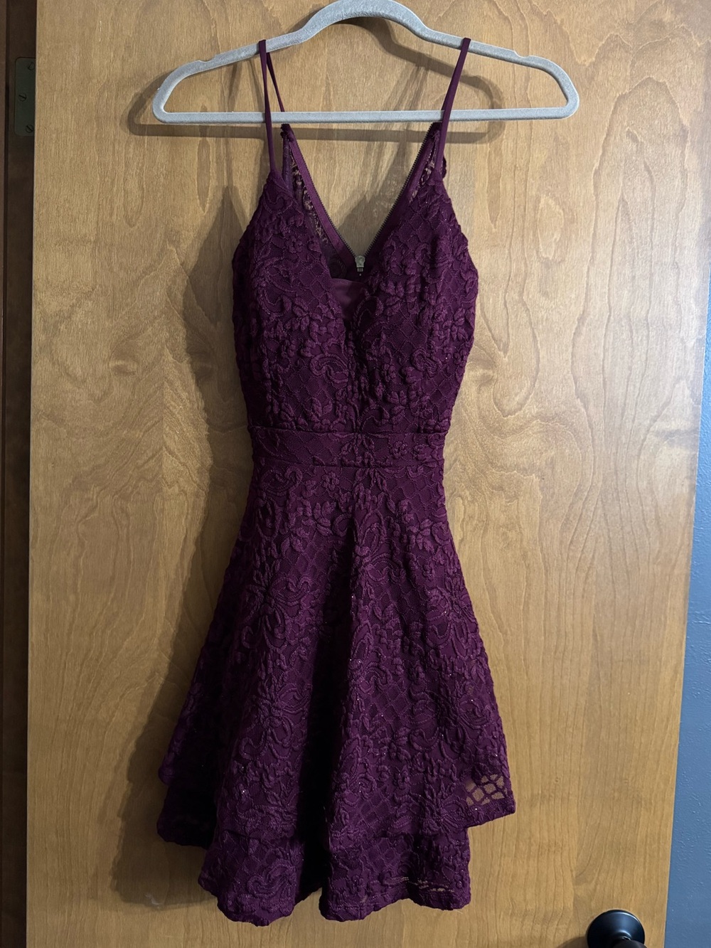Emerald Sundae Plum Lace Mini Dress with Spaghetti Straps